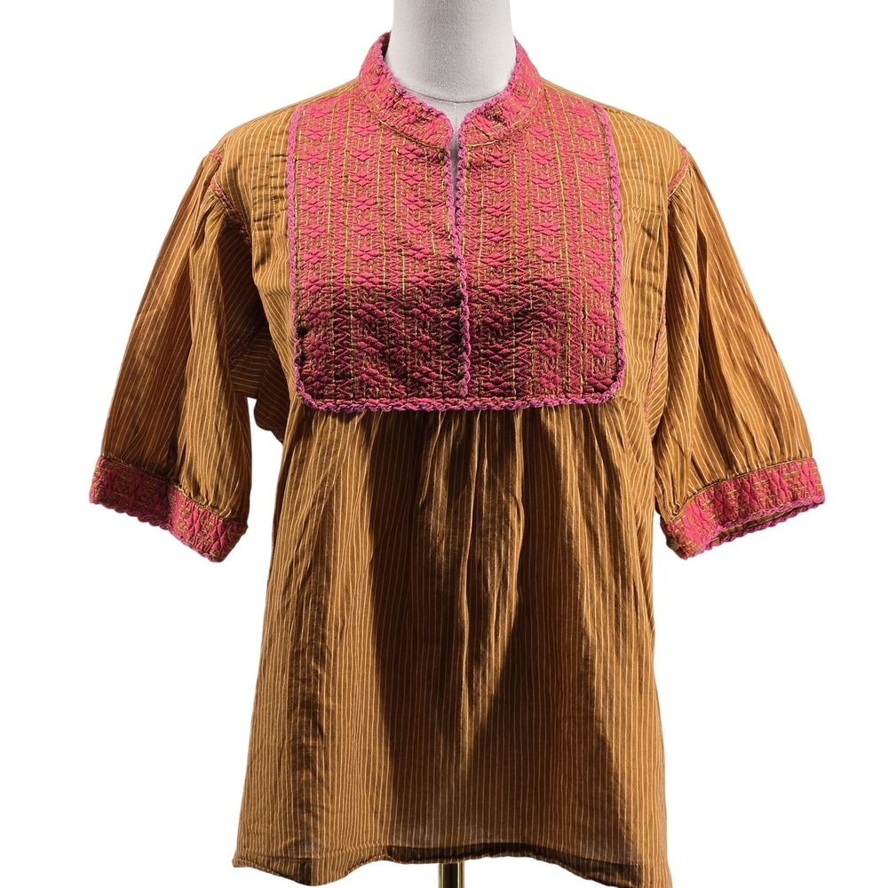 SISTER MARY Blouse Womens S Brown Tunic Collared Puff Sleeve Embroidered